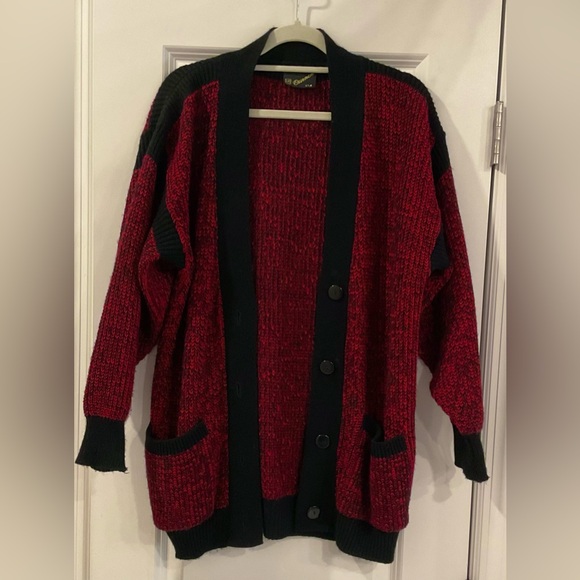 Vintage Slouchy Oversized Crochet Cherry Black Cardigan Button Down Sweater - Picture 2 of 5